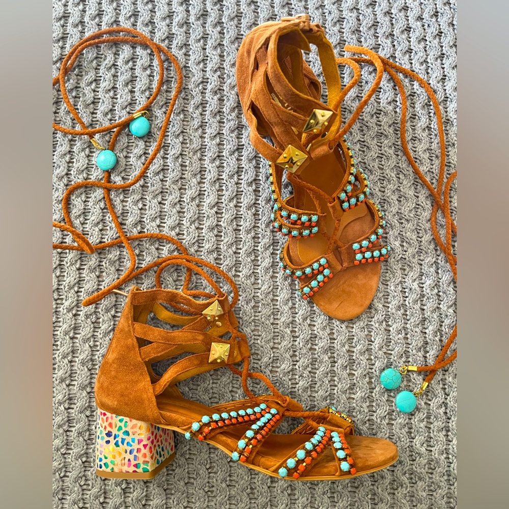 Suede Lace-Up Block Heel Sandals with Turquoise Beading - Orange